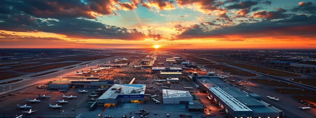 a dramatic aerial view of an aerospace manufacturing facility, illuminated by vibrant sunset hues, showcasing intricate machinery and organized workflows that highlight the rigorous standards of as9100 compared to iso 9001.