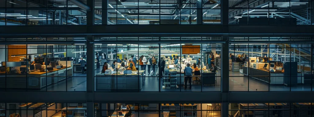 a dynamic composition of a bustling manufacturing facility showcasing diverse workers engaged in quality control processes, illuminated by natural light, emphasizing the principles of iso 9001 certification through visible charts and quality assurance measures.