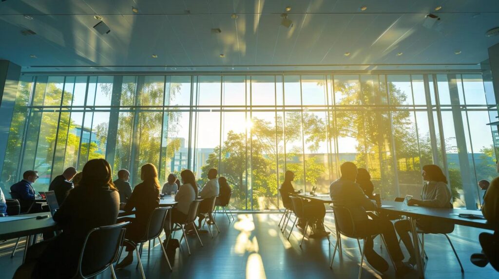 a dynamic conference room filled with engaged leaders discussing strategies for achieving iso 42001 certification, illuminated by natural light filtering through large windows, emphasising a commitment to sustainable management practices.