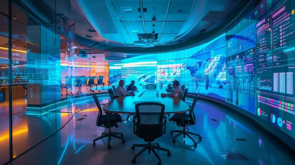 a dynamic corporate environment showcasing professionals collaborating around a sleek conference table, with vibrant charts and graphs projected on the wall, symbolising the impactful advancements achieved through iso 42001 implementation.
