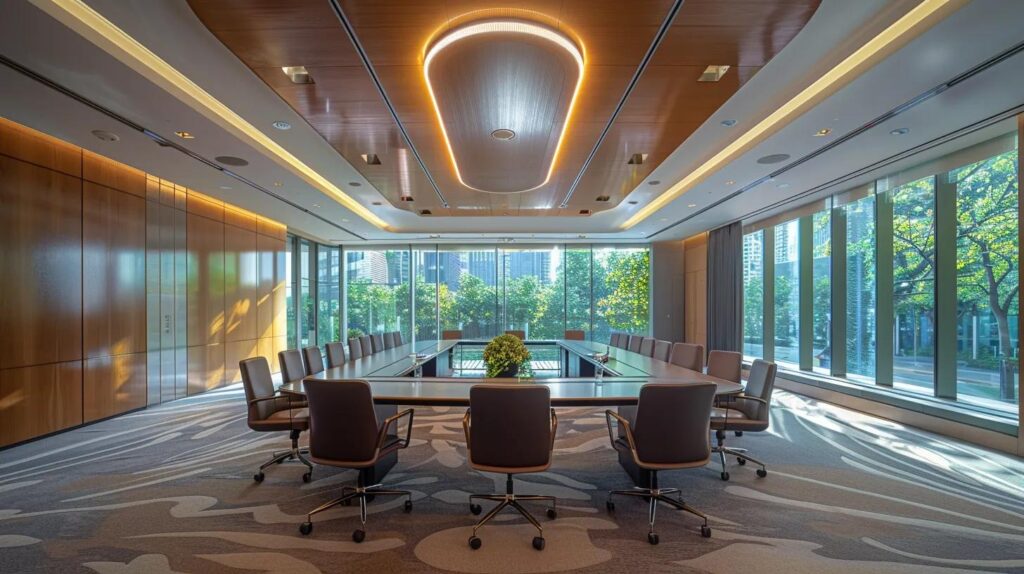 a dynamic corporate meeting room filled with diverse professionals engaged in vibrant discussions, symbolising the transformative benefits of iso 42001 certification for various organisations, bathed in soft, natural light streaming through large windows.