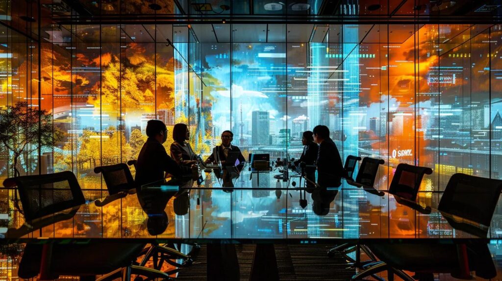 a dynamic, well-lit boardroom scene showcasing diverse professionals engaged in an animated discussion, surrounded by charts and diagrams that illustrate the successful implementation of iso 42001, radiating an atmosphere of innovation and collaboration.