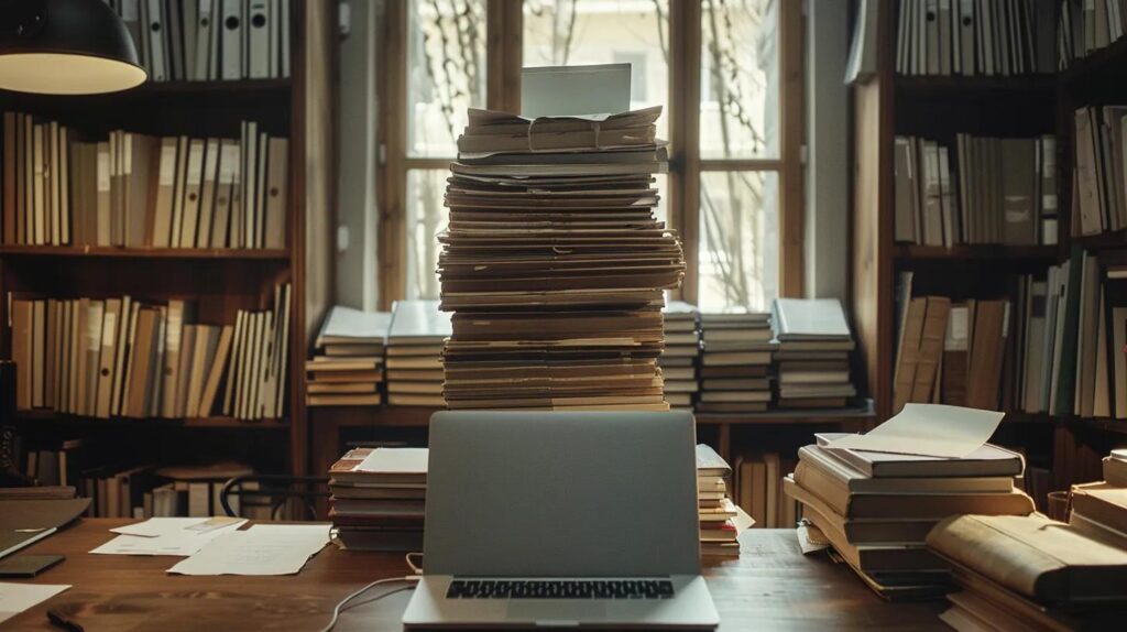 a focused, elegantly arranged workspace displays a modern laptop surrounded by neatly stacked certification documents, symbolising the meticulous journey towards iso 42001 certification, illuminated by soft natural light streaming through a nearby window.