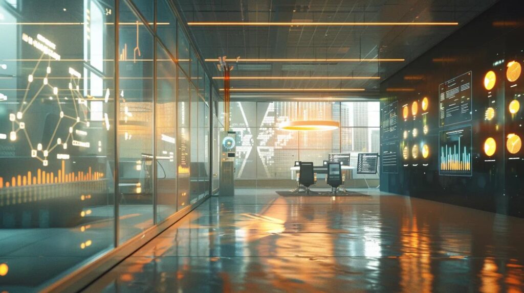 a futuristic office environment bathed in soft, diffused light showcases a sleek digital dashboard displaying vibrant graphs and data, symbolising the dynamic integration of iso 42001 certification in strengthening information security management for future-ready organisations.