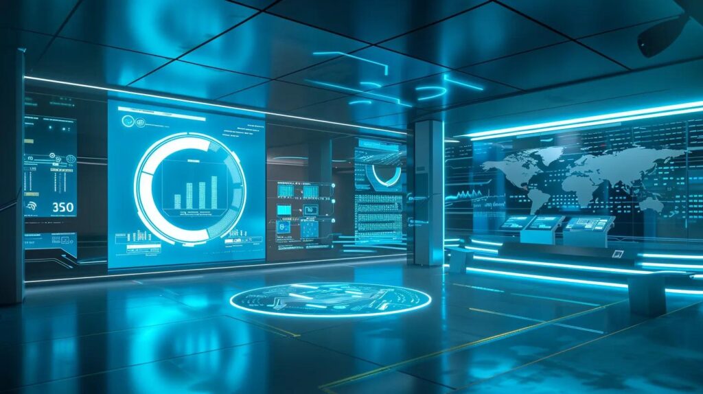 a futuristic office environment illuminated by soft blue lighting, showcasing advanced digital dashboards and ai interfaces that illustrate the evolution of iso 42001 certification standards, symbolising efficiency and innovation in information security management.