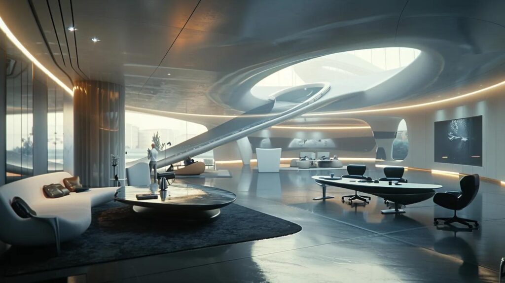 a futuristic office space bathed in soft natural light, showcasing professionals engaged in a collaborative discussion around a sleek table, symbolising the transformative benefits of iso 42001 certification.