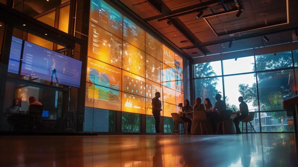 a modern office environment showcasing a diverse team collaborating around a large screen displaying successful case studies and graphs, illuminated by soft natural light filtering through expansive windows, highlighting their commitment to iso 42001 certification and information security management.