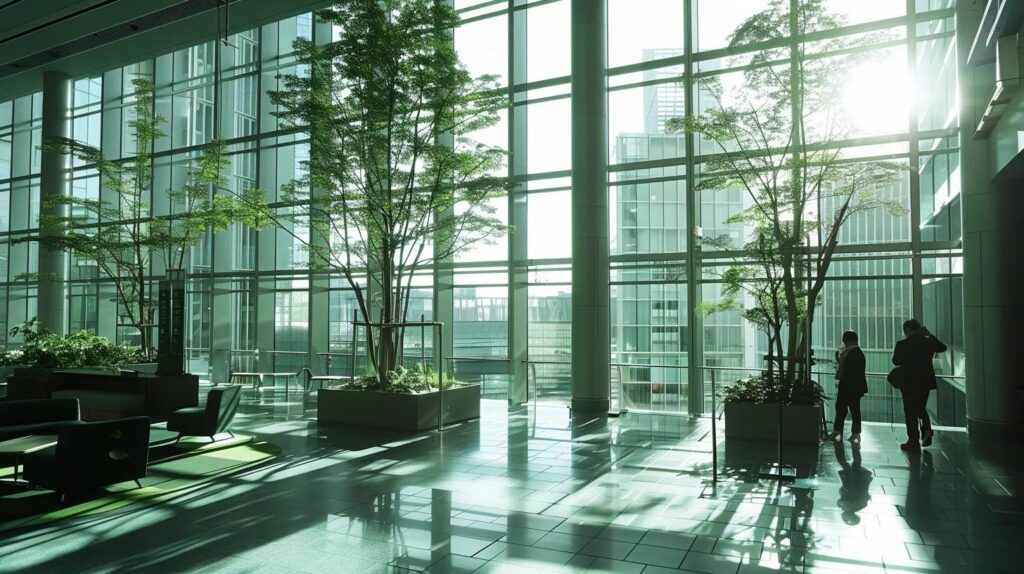 a modern office environment showcases professionals engaged in strategic discussions, illuminated by natural light filtering through expansive windows, symbolising enhanced risk management and operational efficiency in the realm of iso 42001 certification.
