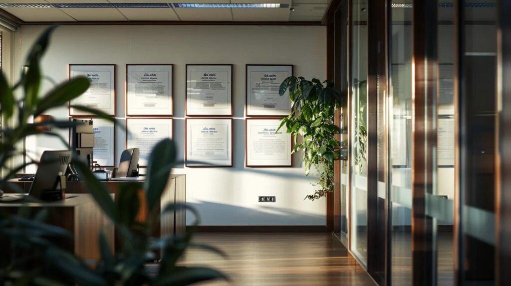 a pristine office setting illuminated by soft natural light, showcasing a vibrant display of award certificates on the wall, symbolising excellence in iso 42001 certification.