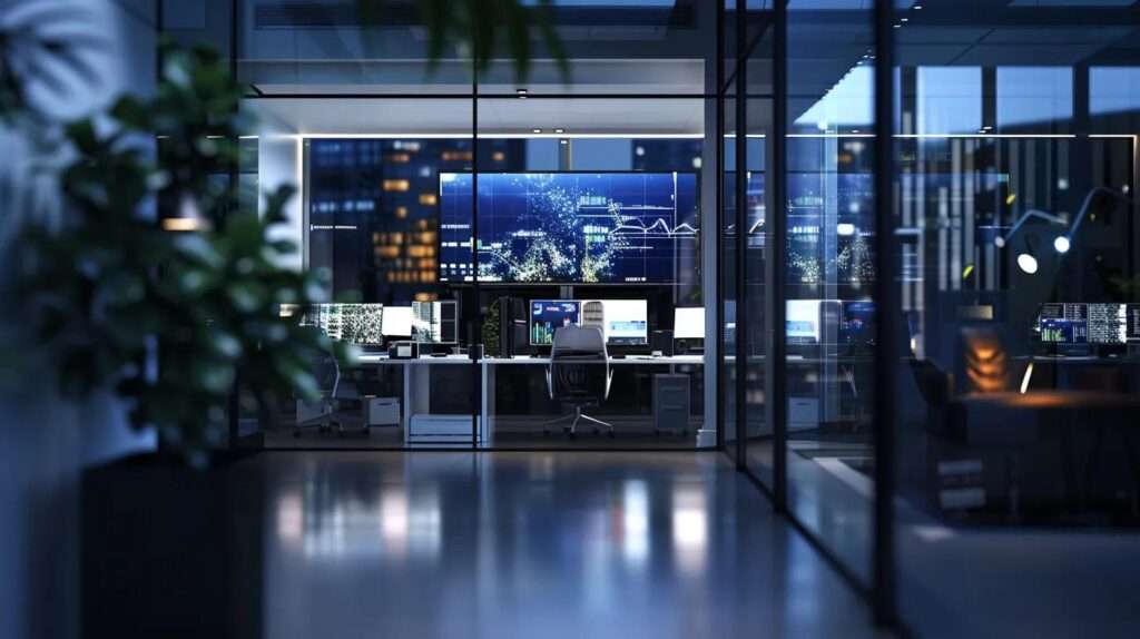 a sleek, modern office environment filled with advanced technology, showcasing high-tech compliance management tools on illuminated screens, symbolising the dynamic role of technology in enhancing iso 42001 compliance.