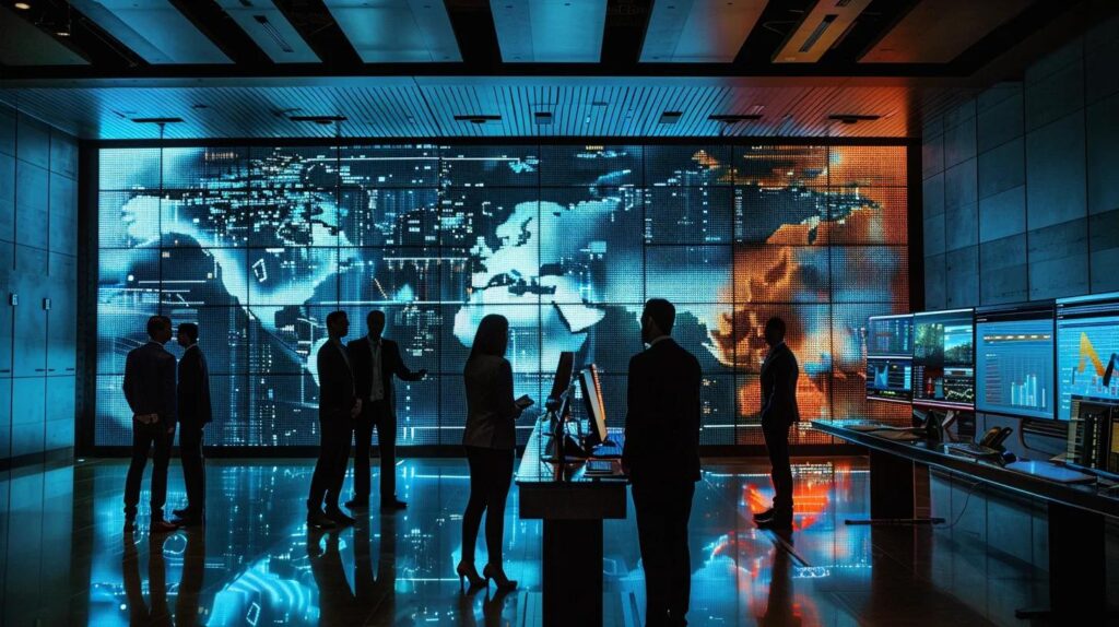 a sleek, modern office environment teeming with advanced technology, where a diverse team engages in a dynamic discussion around a large screen displaying data analytics and security protocols, highlighting proactive information security management and client confidence.