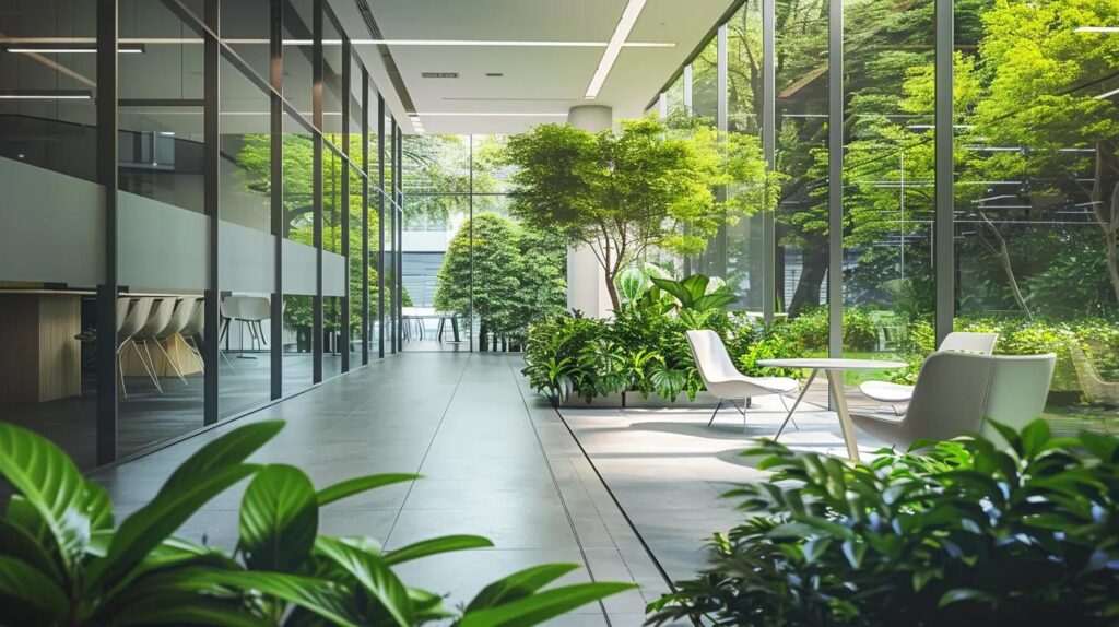 a sleek, modern office filled with vibrant greenery and advanced technology, symbolising a robust and secure information management environment under the iso 42001 certification framework.