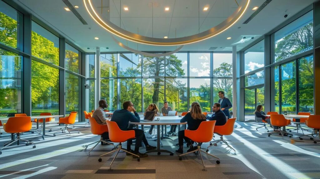 a vibrant and dynamic boardroom scene showcasing diverse professionals engaged in a collaborative discussion, illuminated by soft natural light filtering through floor-to-ceiling windows, symbolising innovative strategies for overcoming barriers to sustainable practices and the adoption of iso 42001.