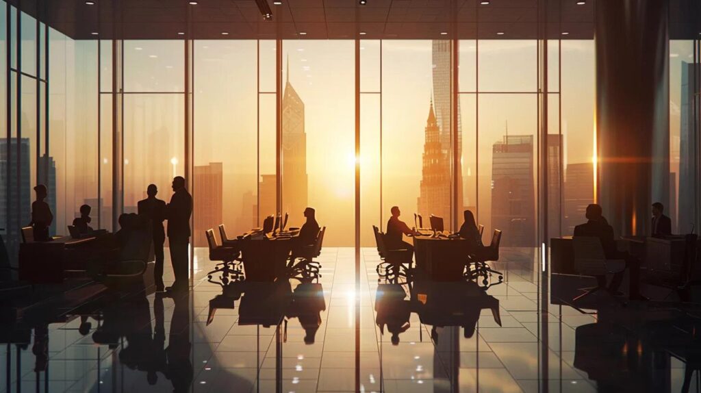 a sleek, modern office space with diverse professionals engaged in a dynamic brainstorming session, illuminated by natural light filtering through large windows, symbolising collaboration and proactive steps towards achieving iso 42001 certification.