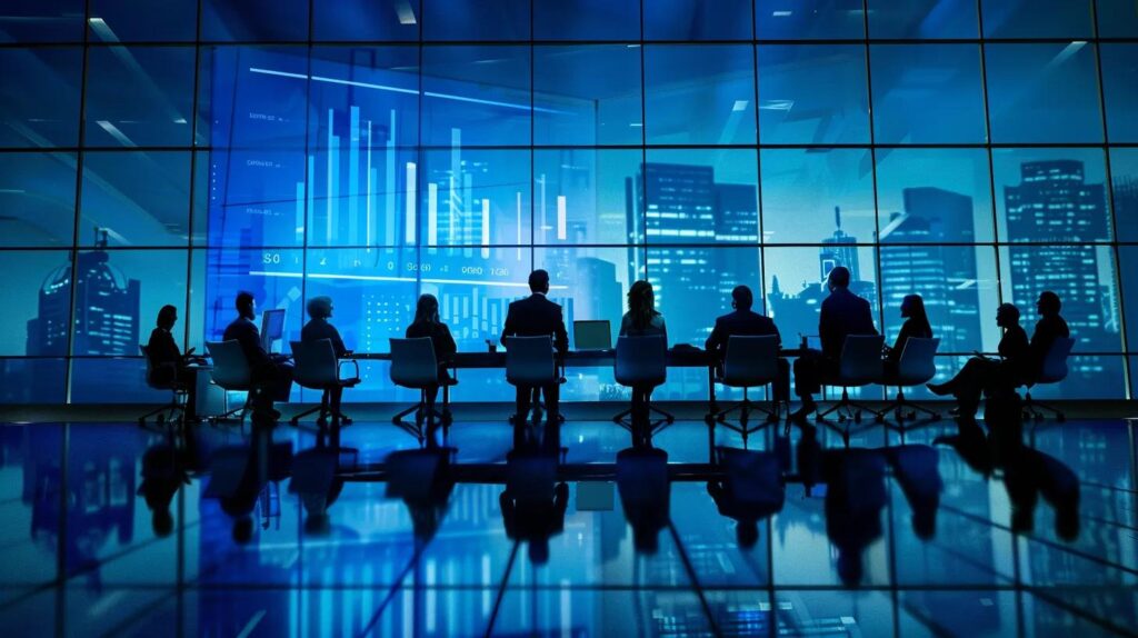 a dynamic boardroom scene showcases a diverse group of professionals engaging in a discussion on iso 42001 compliance strategies, with a sleek presentation screen displaying key standards and metrics, illuminated by warm, ambient lighting that fosters a collaborative atmosphere.
