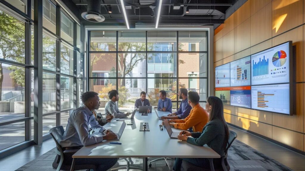 a dynamic boardroom setting, illuminated by soft natural light filtering through large windows, vividly captures a diverse team engaged in a collaborative brainstorming session, surrounded by charts and documents that symbolise the challenges and strategies of iso 42001 compliance.