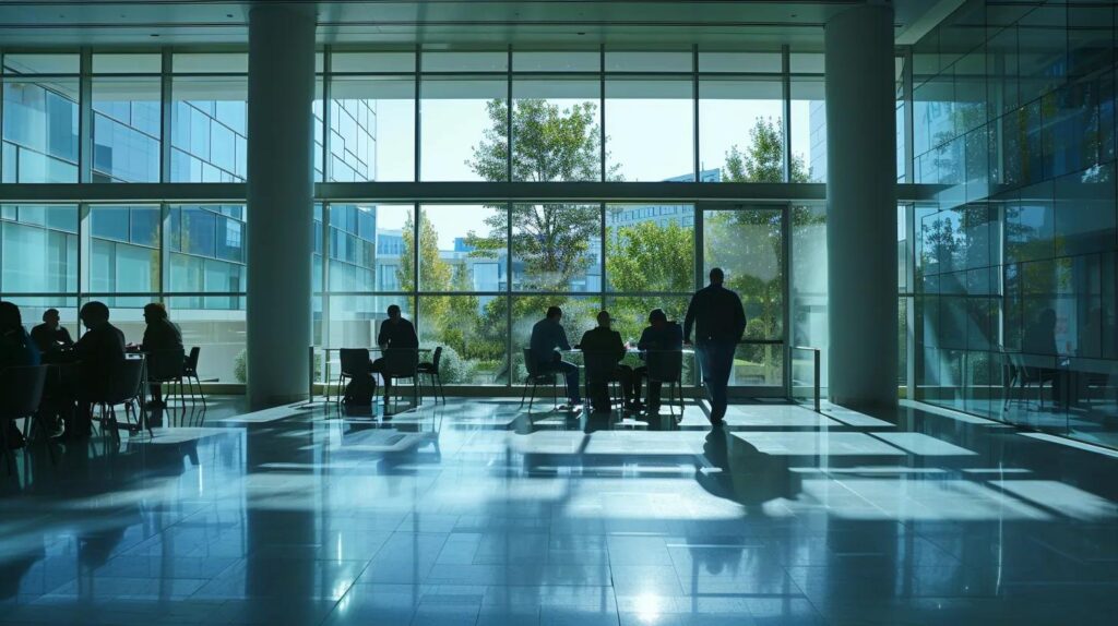a dynamic corporate meeting room scene, with engaged professionals collaboratively discussing iso 42001 compliance strategies, illuminated by natural light filtering through large windows, reflecting an atmosphere of accountability and innovation.