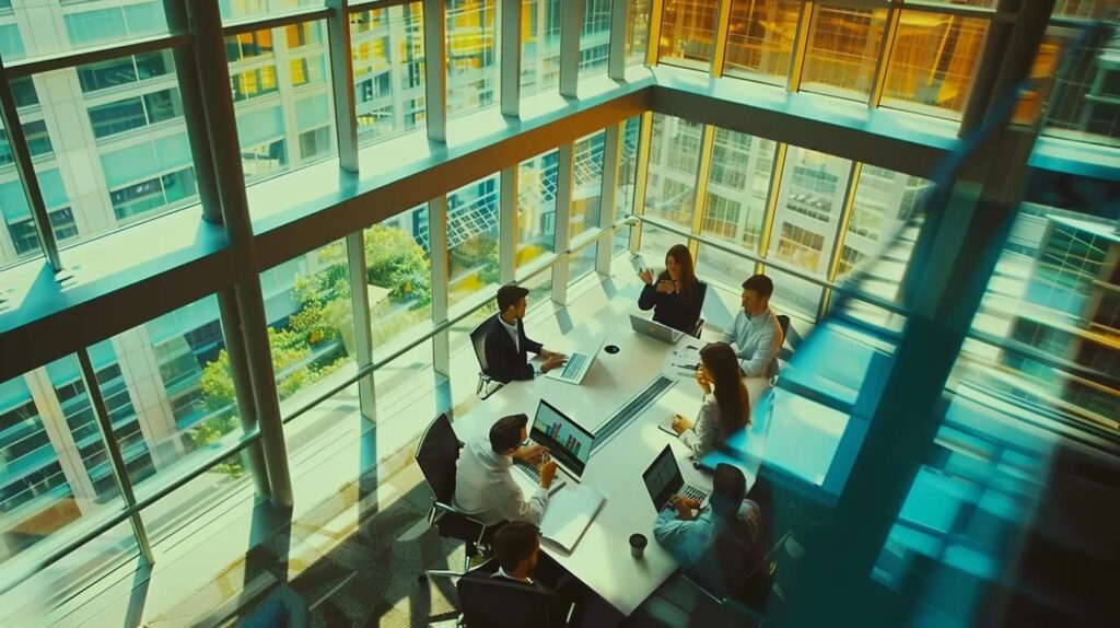 a dynamic office environment showcases a diverse team engaged in a collaborative meeting, surrounded by charts and graphs illustrating key performance indicators, emphasising the essence of evaluating iso 42001 compliance with vibrant natural light filtering through large windows.