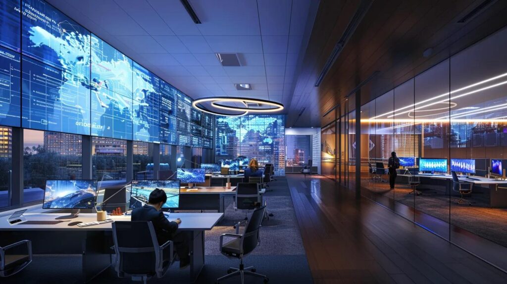 a professional team collaborates in a sleek office environment, surrounded by digital displays of compliance goals and timelines, radiating an atmosphere of focus and innovation in the pursuit of iso 42001 standards.