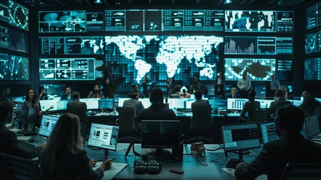 a modern office conference room showcases a diverse group of professionals engaged in a collaborative discussion, surrounded by digital screens displaying iso 27001 annex controls, emphasising the themes of security measures, accountability, and enhanced supplier relationships in an industrial setting.