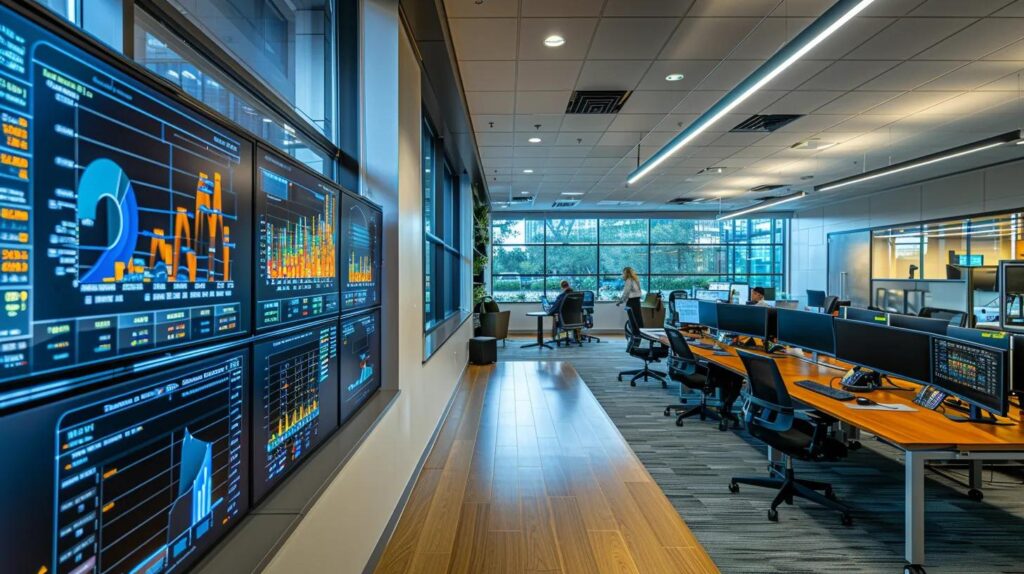 a modern office environment showcases a diverse team engaged in an animated discussion around a digital dashboard displaying iso 27001 metrics, emphasizing the importance of supplier security management through vibrant charts and graphs.