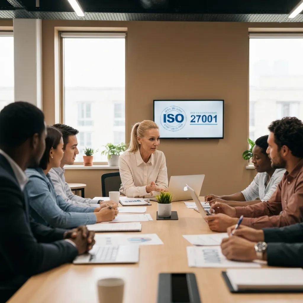 Professionals discussing ISO 27001 compliance in a modern office setting