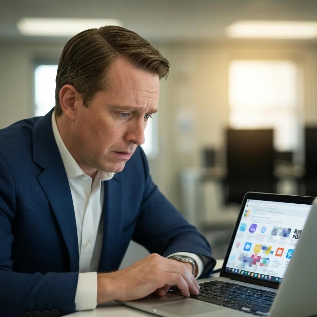Business professional reacting to negative online reviews affecting reputation