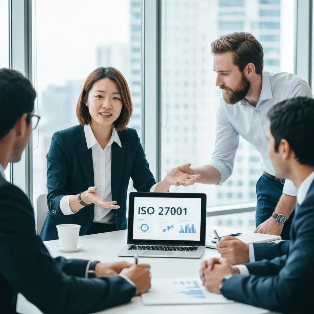 Business professionals collaborating on ISO 27001 compliance in a modern office
