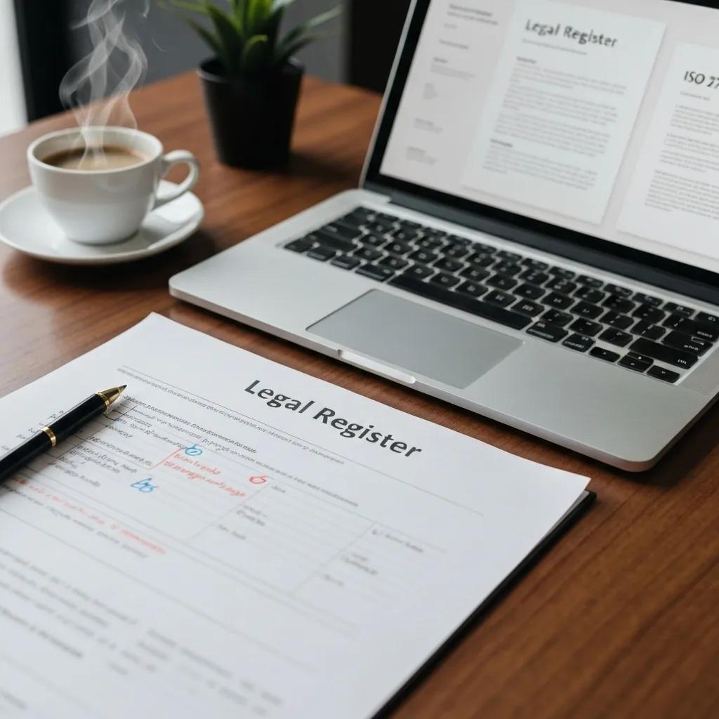 A close-up view of a legal register document, with ISO 27001 requirements clearly highlighted on a desk.