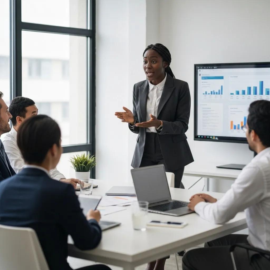 Business professionals collaborating on ISO 27001 compliance in a modern office