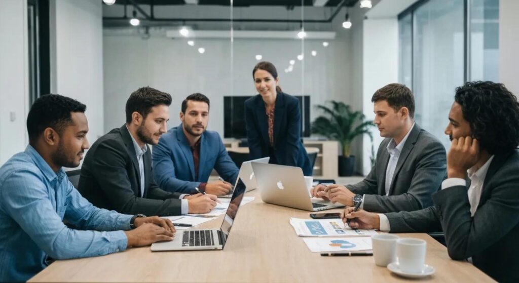 A team of professionals collaborating on ISO 27001 certification in a modern office setting