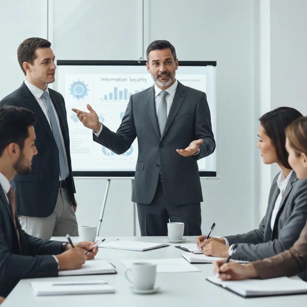 A business leader discussing the importance of leadership commitment in ISO 27001 with their team