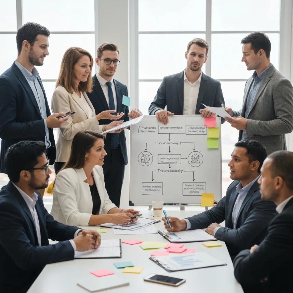 A structured discussion among professionals on establishing an effective AI governance framework, emphasizing collaboration and strategic planning.