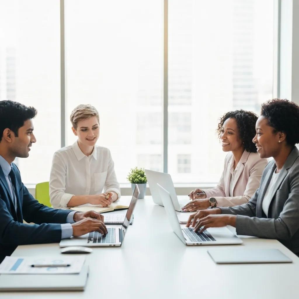 Business professionals collaborating on ISO 27001 compliance in a modern office