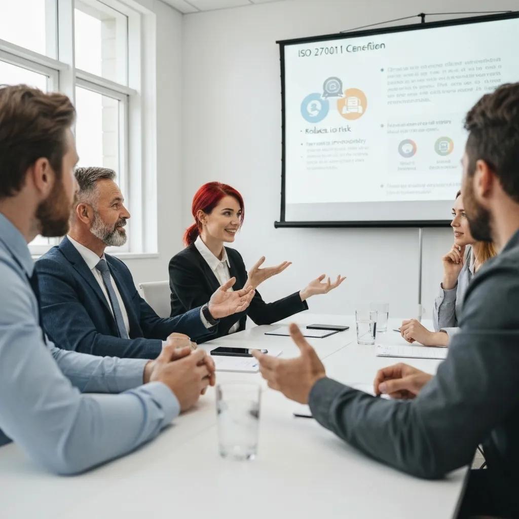 A group of stakeholders engaged in a discussion about the benefits of ISO 27001 certification during a business meeting.
