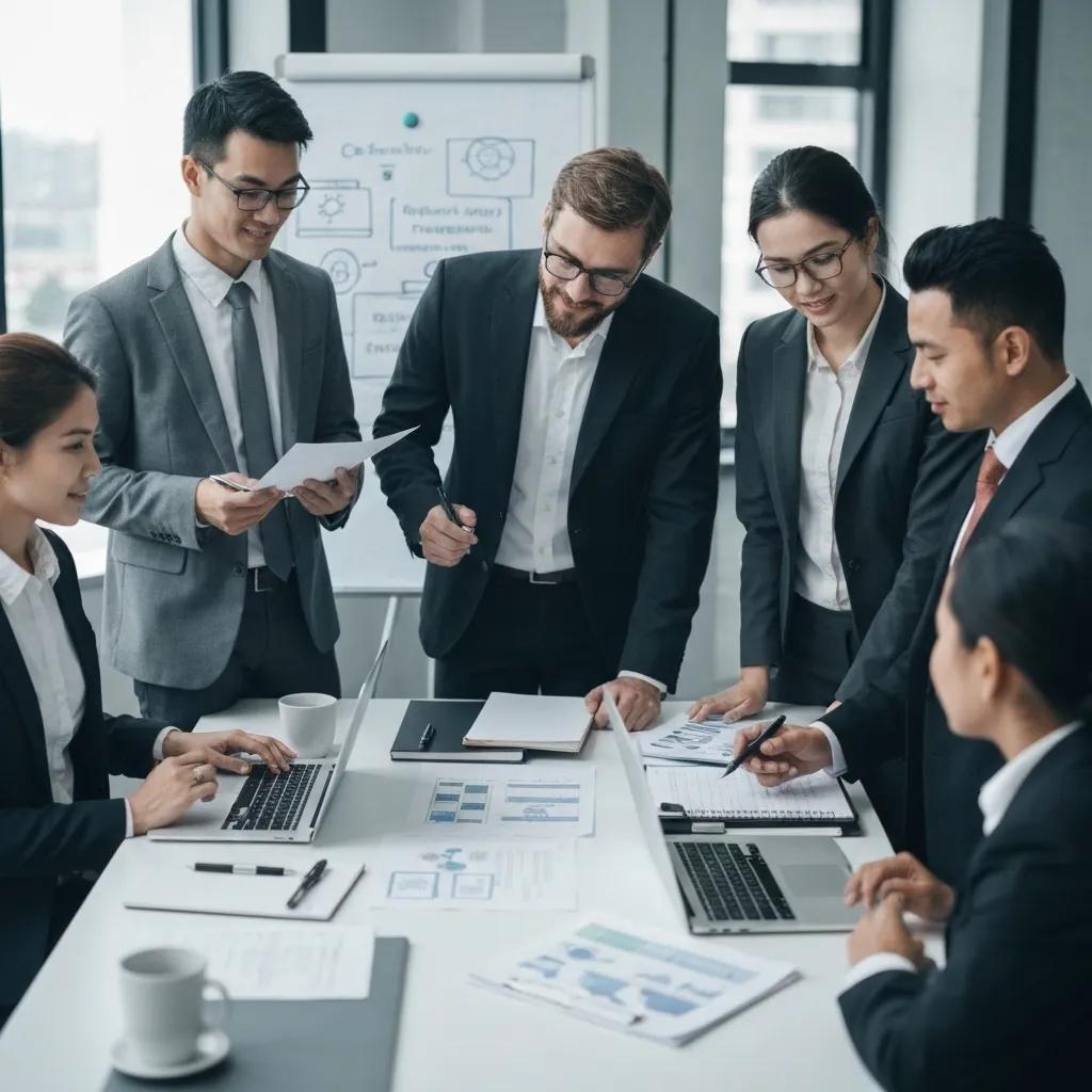 Business professionals collaborating on ISO 27001 information security framework in a modern office