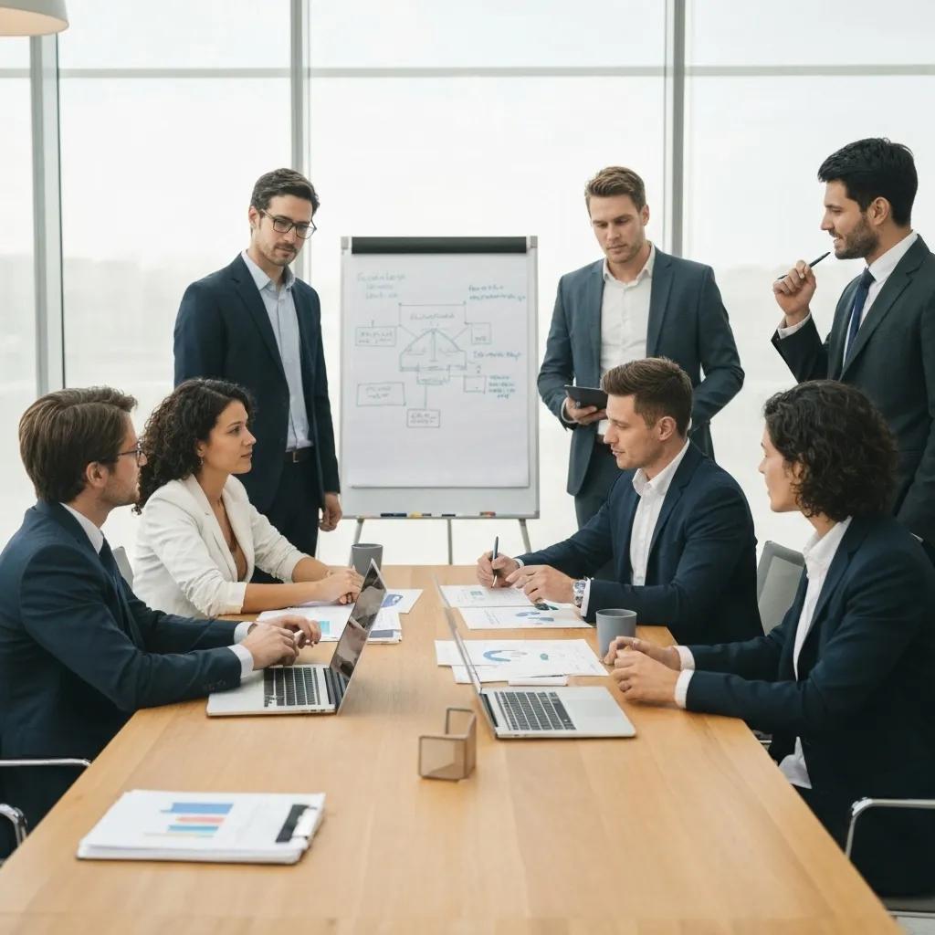 Business leaders collaborating on ISO 27001 management responsibilities in a modern office