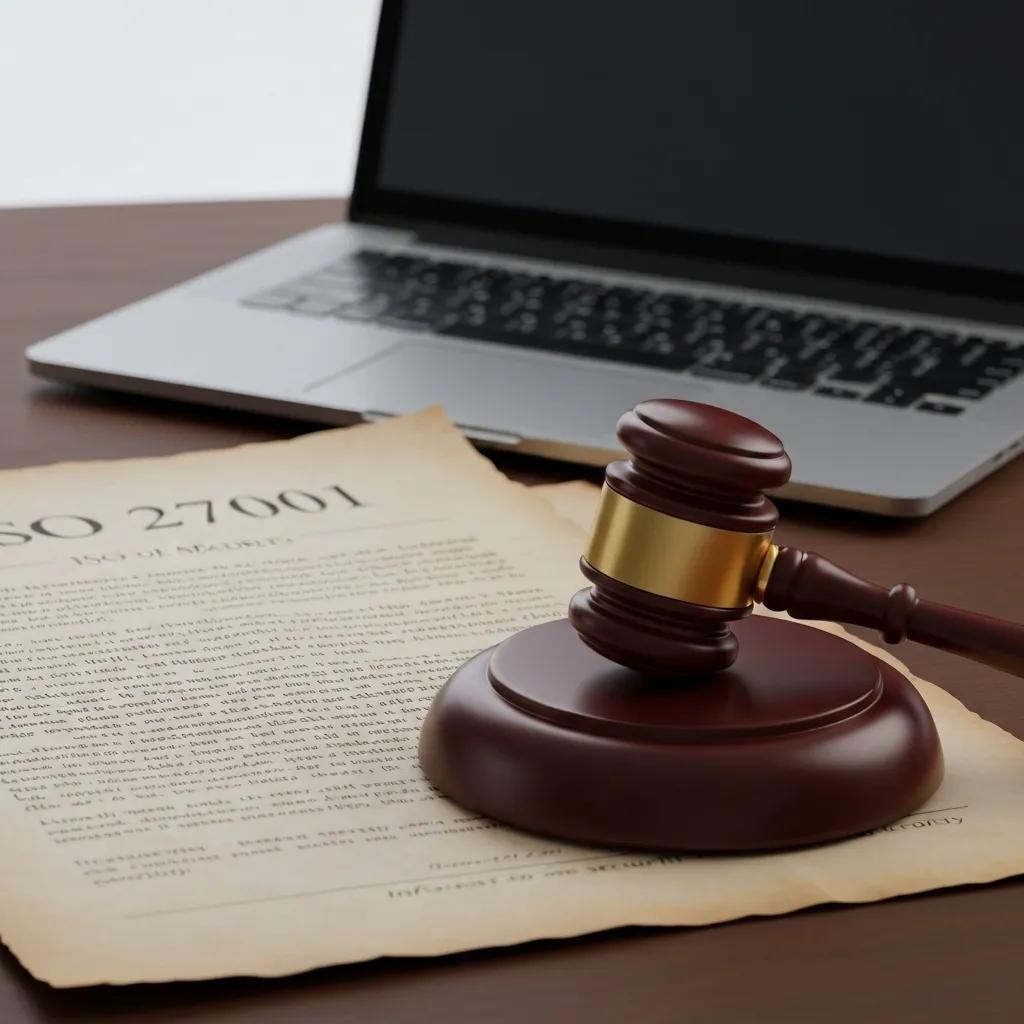 A legal document featuring an ISO 27001 header, alongside a gavel symbolising legal compliance