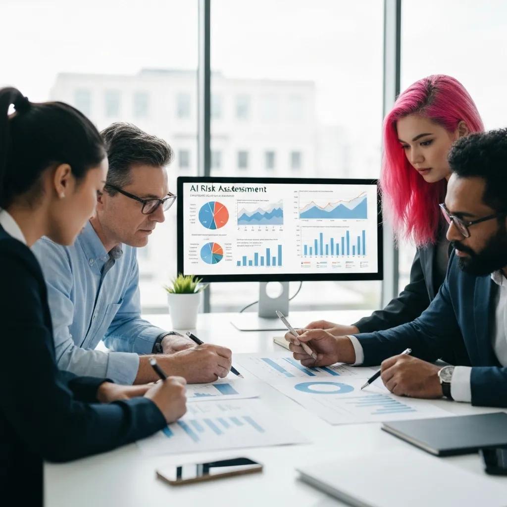 Professionals meticulously conducting AI risk assessments to ensure ISO 42001 compliance, highlighting a proactive approach to AI governance.