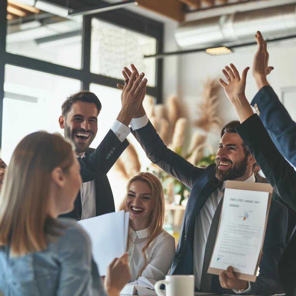 Business team celebrating the competitive advantages of ISO 27001 certification