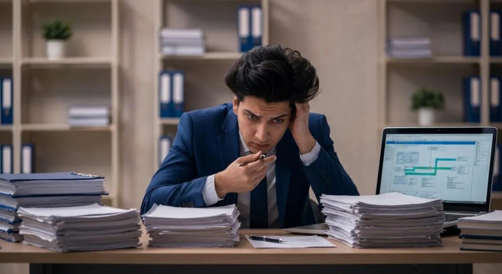 A project manager looking stressed, surrounded by charts and documents, symbolising resource constraints during ISO 27001 implementation.