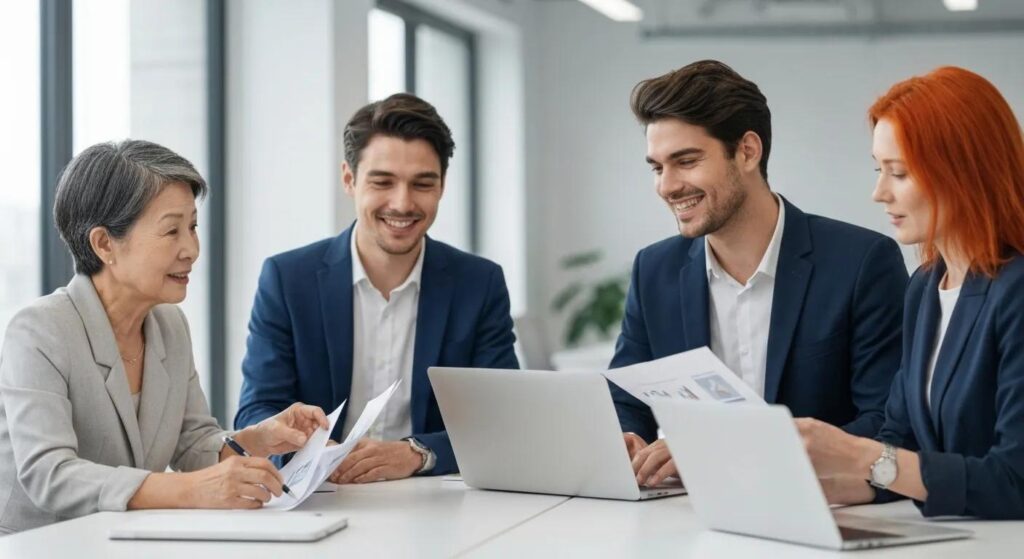 Business team collaborating on ISO 27001 certification strategies in a modern office