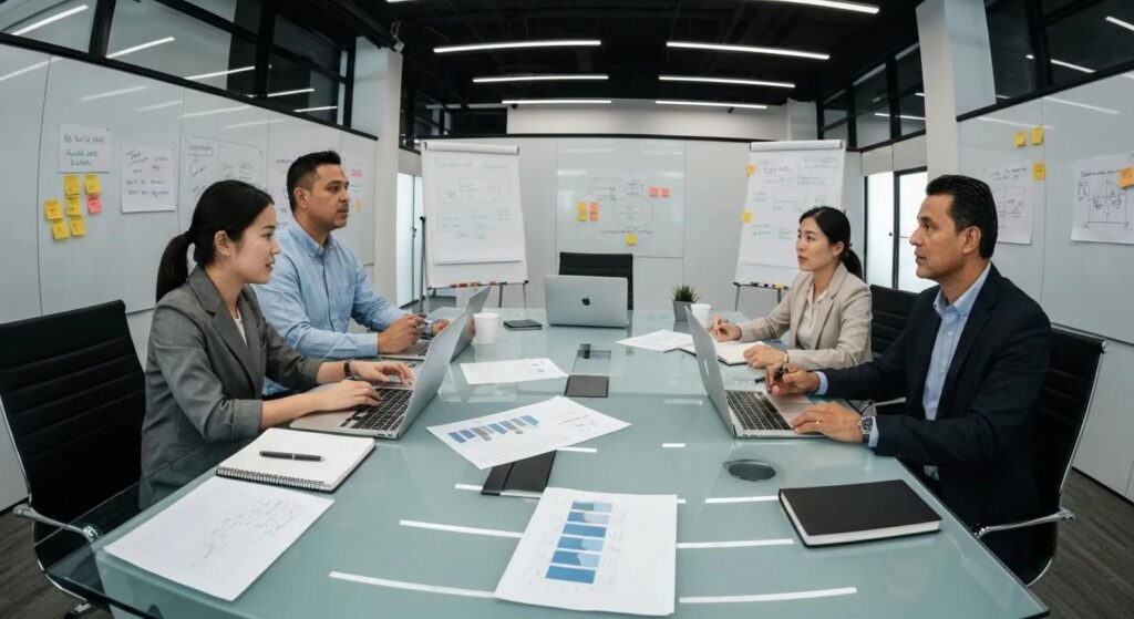 Business professionals collaborating on ISO 27001 certification in a modern office setting