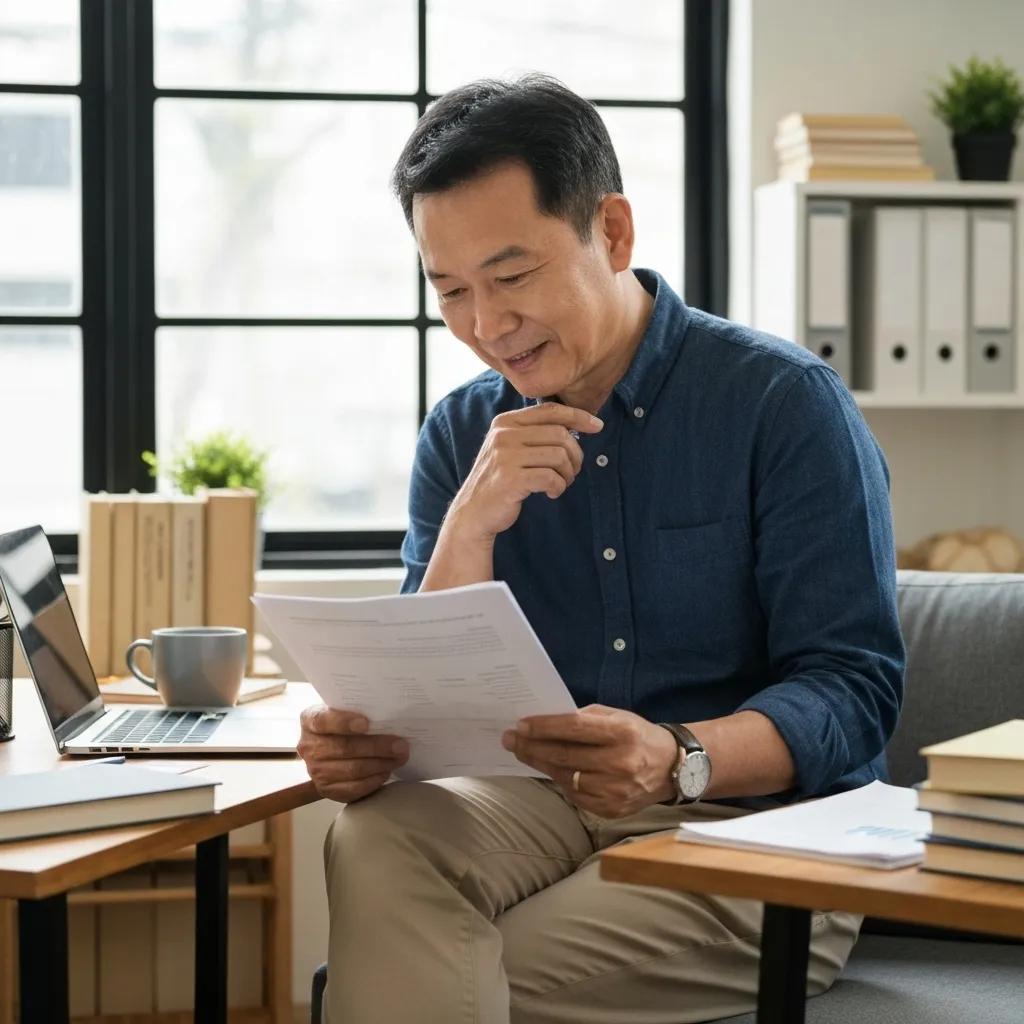 A small business owner diligently conducting an ISO 27001 risk assessment in a comfortable, home-office setting.