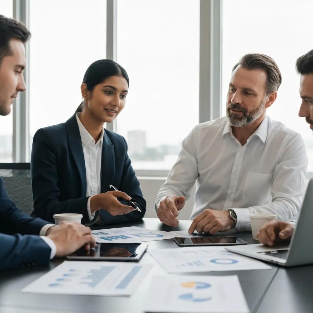 Business professionals collaborating on ISO 27001 compliance in a modern office