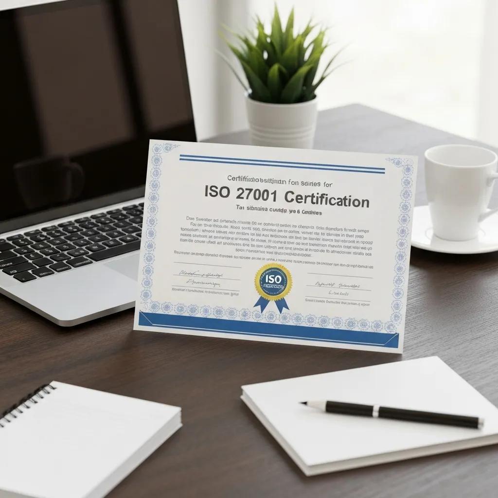 An ISO 27001 certification certificate displayed on a desk alongside business items, symbolising achievement