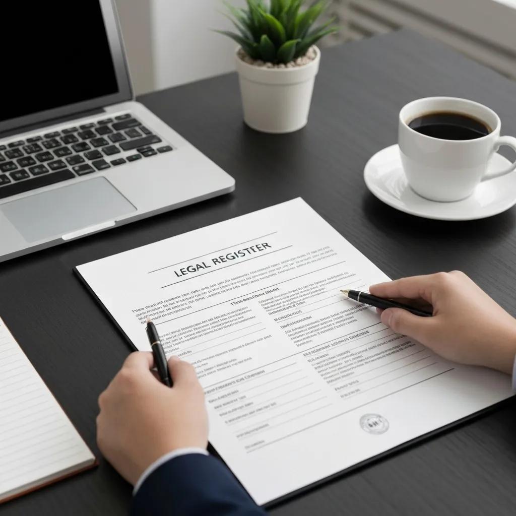 A close-up view of a legal register document on a desk alongside a laptop and notepad