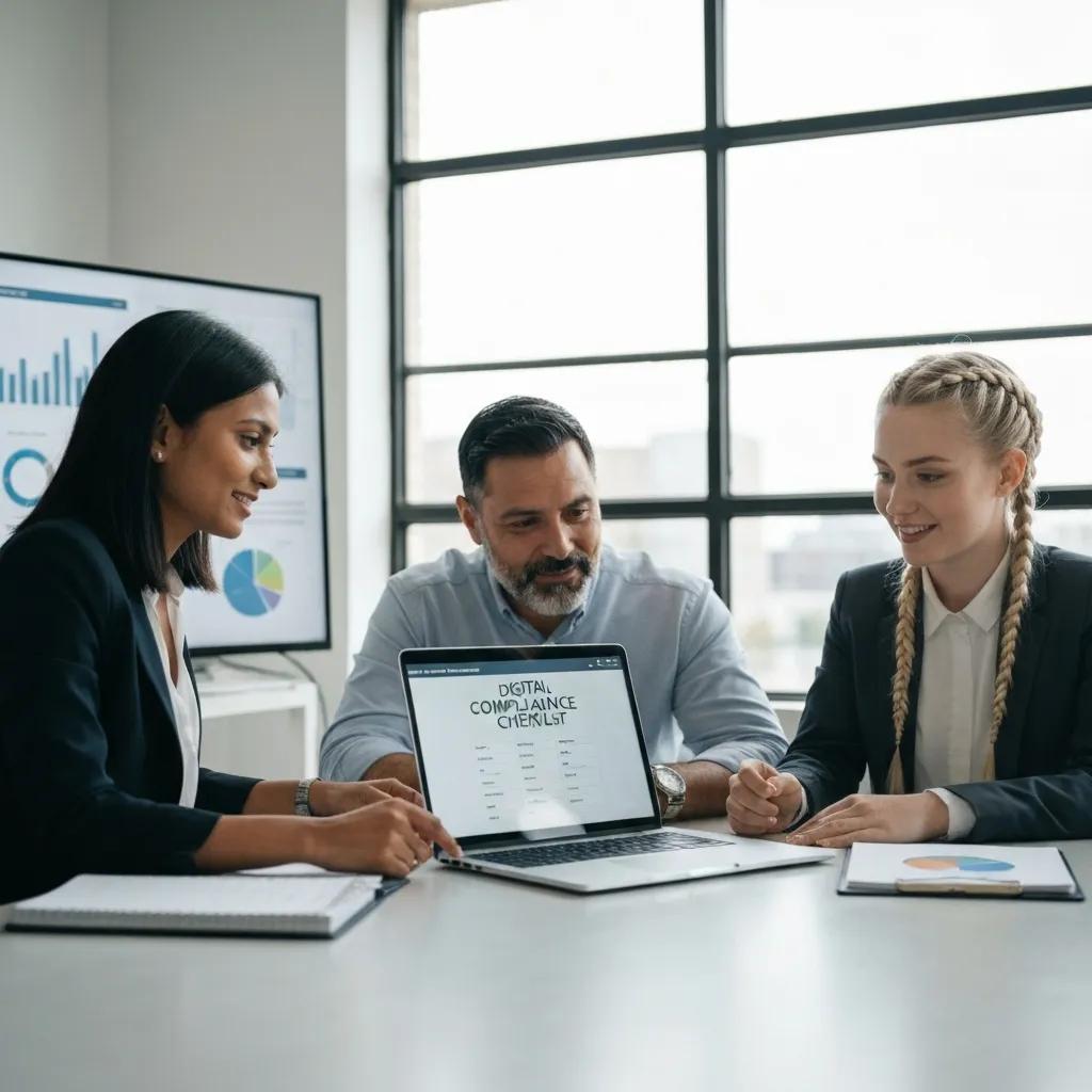 Business professionals collaborating on ISO 27001 compliance checklist in a modern office