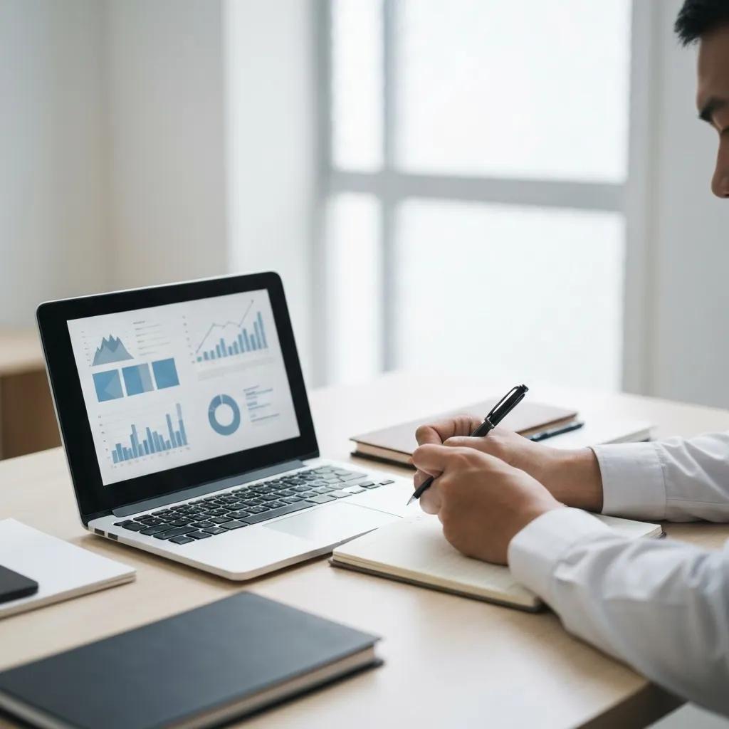 Business analyst performing a risk assessment using a laptop and notepad in a well-lit office environment