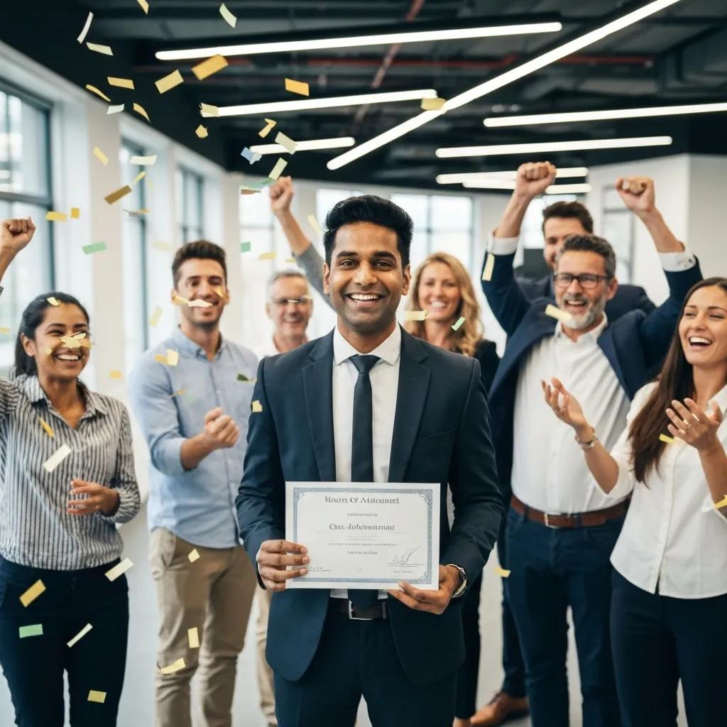A business team celebrating their ISO 27001 certification in a modern office setting